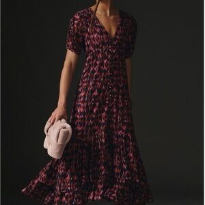 Anthropologie Printed Ruched-Sleeve Maxi